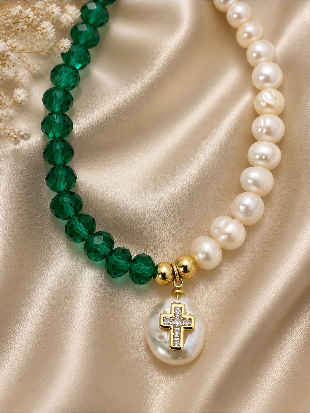 Emerald Beads & Cultured Pearl Bracelet